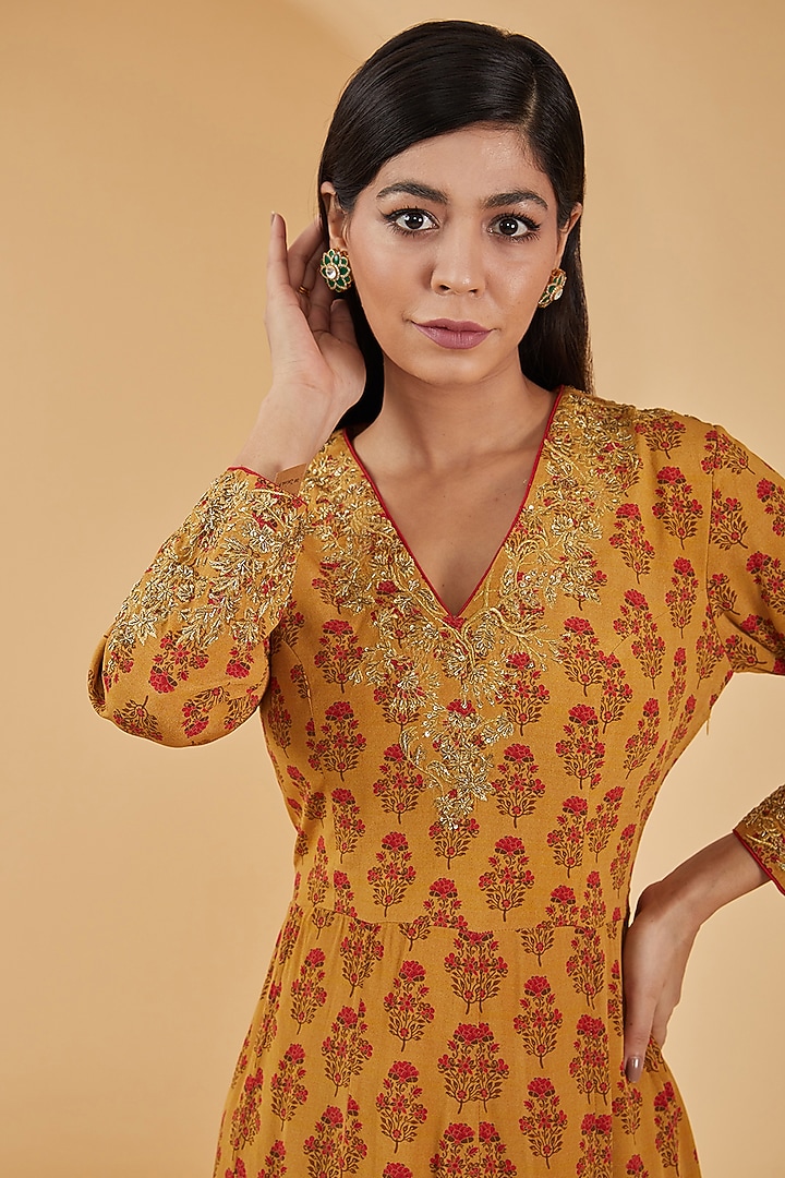 Mustard Pure Crepe Digital Printed & Hand Embroidered Anarkali Party Wear Gown by Peenacolada at Pernia's Pop Up Shop