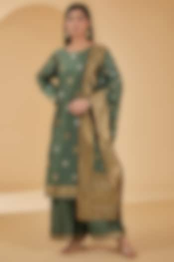 Green Woven Silk Kurta Set by Peenacolada