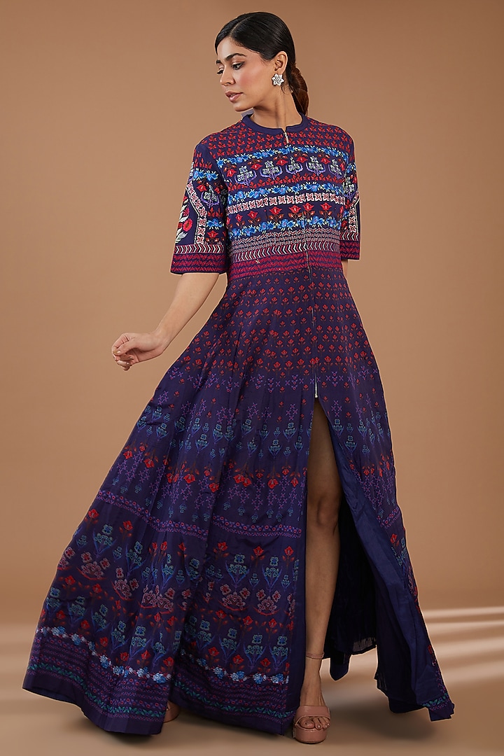 Blue Pure Crepe Digital Printed & Embroidered Anarkali Dress by Peenacolada