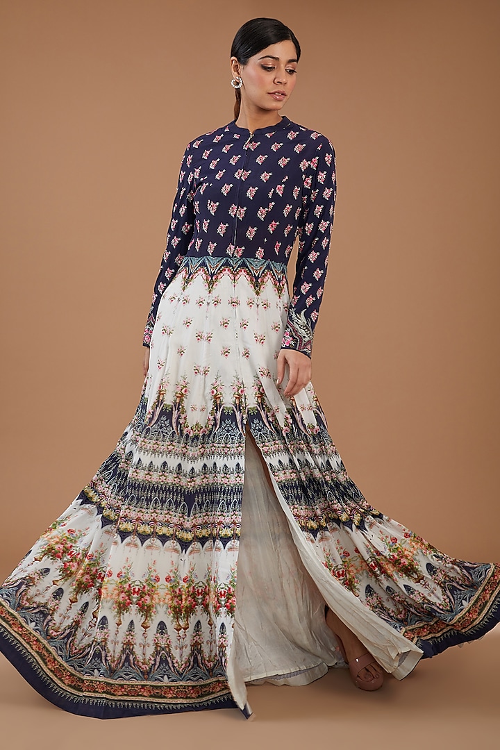 Multi-Colored Pure Crepe Digital Printed & Hand Embroidered Anarkali Dress by Peenacolada