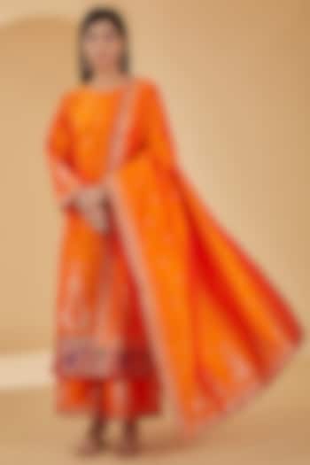 Orange Woven Silk Kurta Set by Peenacolada