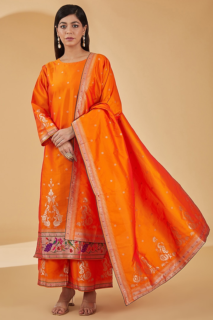 Orange Woven Silk Kurta Set by Peenacolada