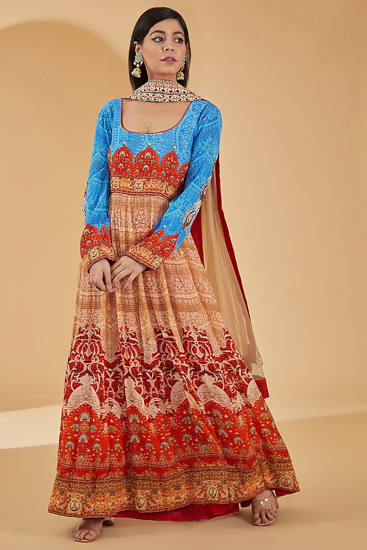 Multi-Colored Pure Crepe Digital Printed & Swarovski Embellished Anarkali Set by Peenacolada at Pernia's Pop Up Shop