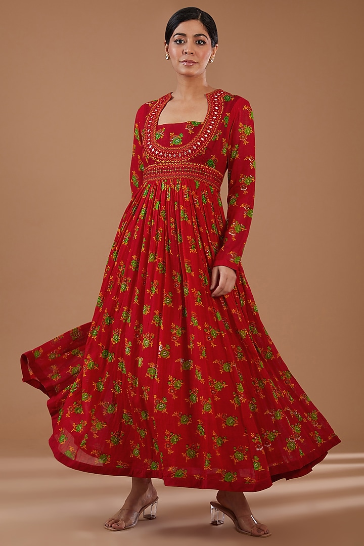 Red Mulmul Chameli Printed & Machine Embroidered Anarkali Dress by Peenacolada