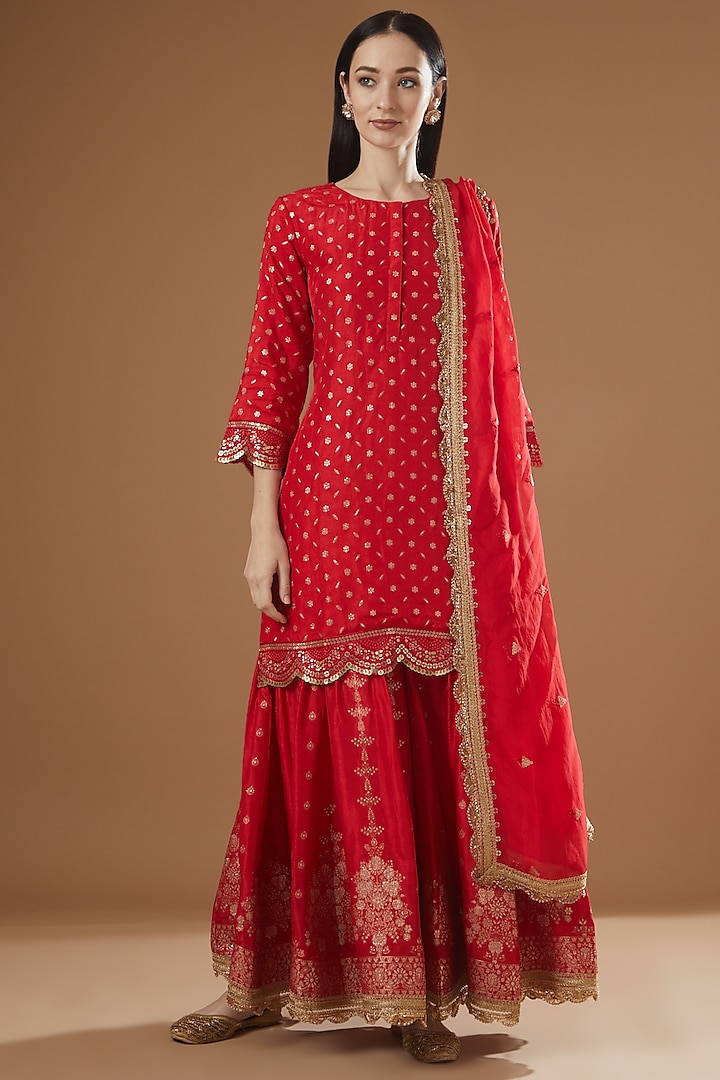 Red Banarasi Silk Embroidered Gharara Set by Peenacolada