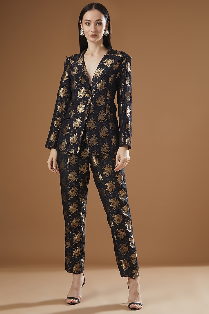 Black Silk Brocade Blazer Set Design by Peenacolada at Pernia's Pop Up Shop  2024