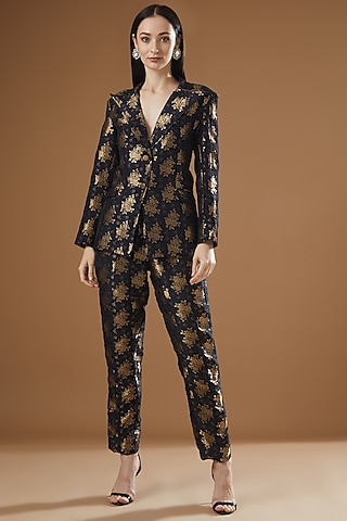 Black Silk Brocade Blazer Set by Peenacolada