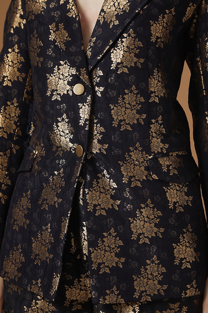 Black Silk Brocade Blazer Set Design by Peenacolada at Pernia's Pop Up Shop  2024
