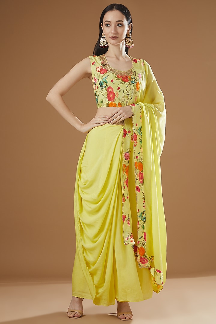 Yellow Silk Draped Skirt Set by Peenacolada at Pernia's Pop Up Shop