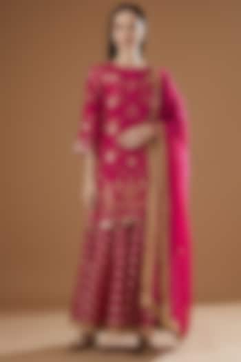 Pink Silk Brocade Embroidered Gharara Set by Peenacolada
