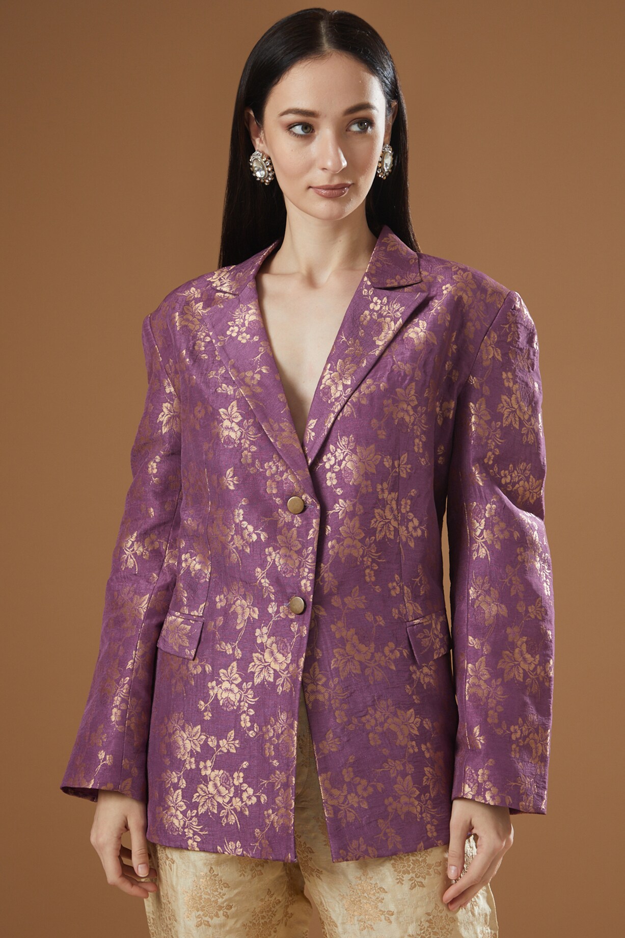 Black Silk Brocade Blazer Set Design by Peenacolada at Pernia's