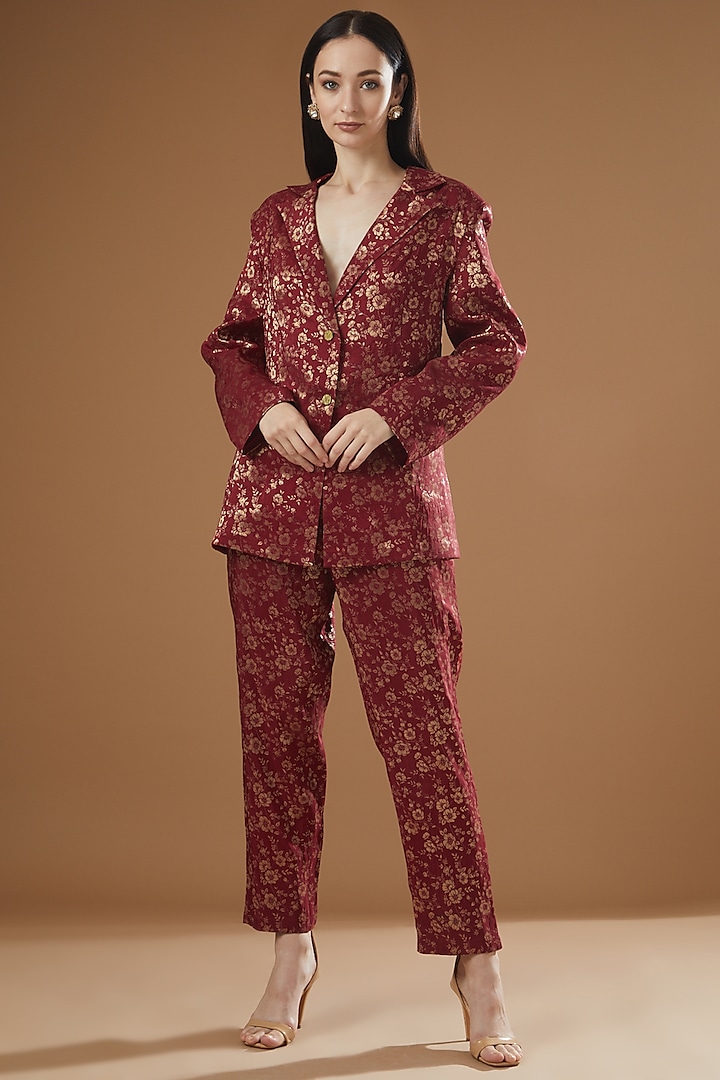 Maroon Brocade Silk Blazer Set by Peenacolada