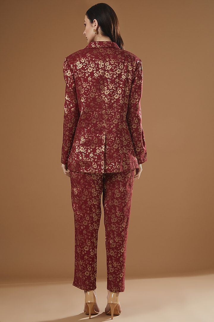 Maroon Brocade Silk Blazer Set by Peenacolada at Pernia's Pop Up Shop