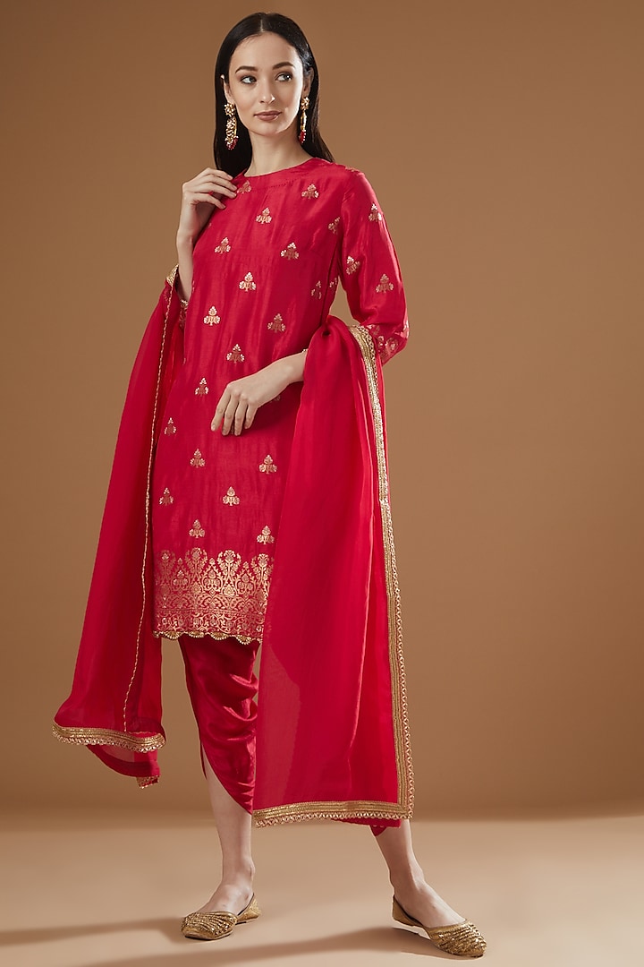 Red Silk Dhoti Set by Peenacolada