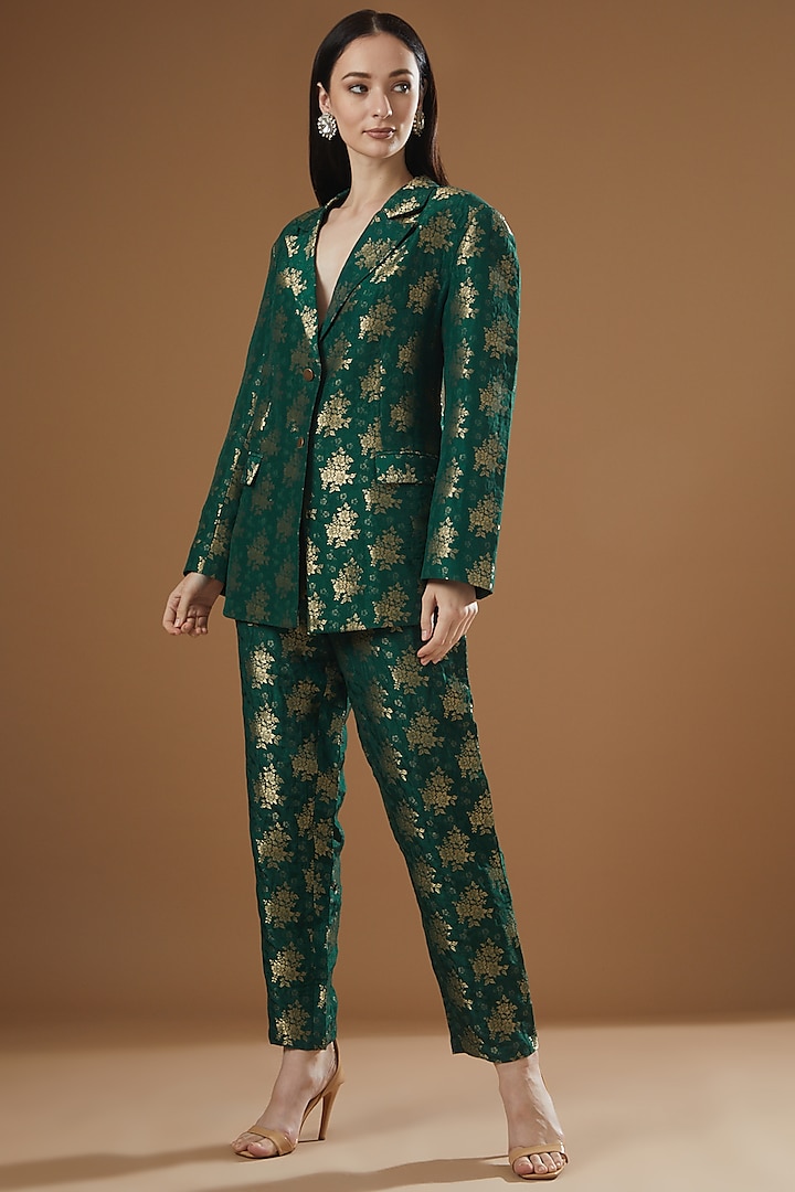 Emerald Green Silk Brocade Co-Ord Set by Peenacolada