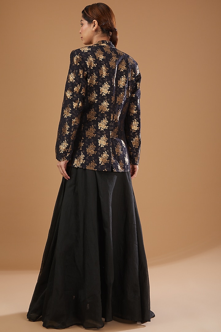 Black Silk Brocade Blazer Set Design by Peenacolada at Pernia's Pop Up Shop  2024