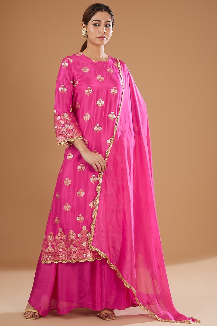 Hot Pink Banarasi Woven Silk Sharara Set Design by Peenacolada at ...