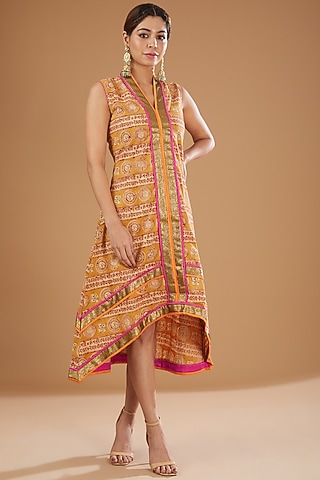 Beige Cotton Printed Asymmetric Dress by Peenacolada