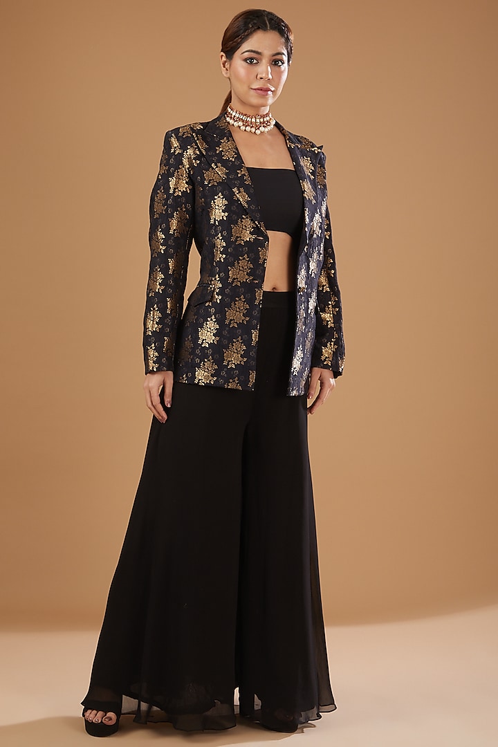 Black Silk Brocade Blazer Set Design by Peenacolada at Pernia's