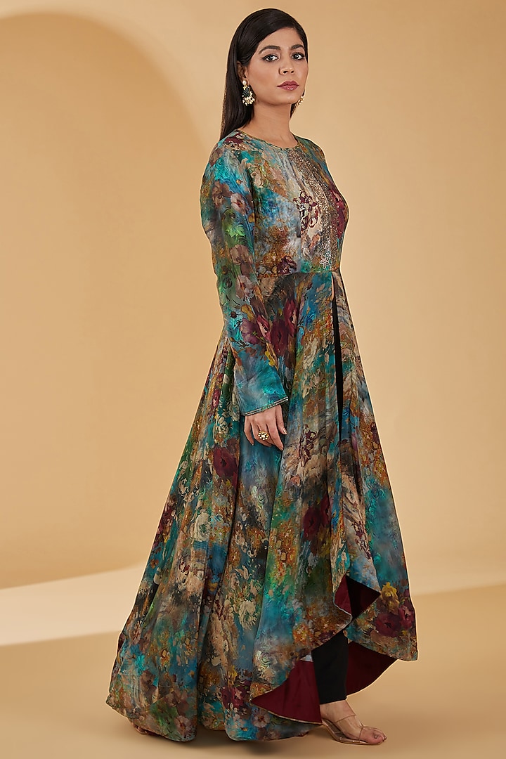 Multi-Colored Pure Crepe Floral Digital Printed Asymmetric Anarkali Set by Peenacolada at Pernia's Pop Up Shop