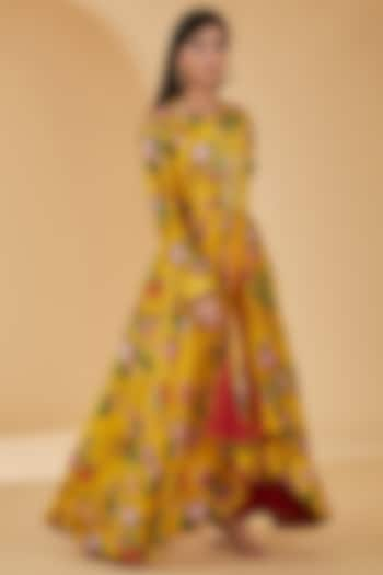 Yellow Pure Crepe Floral Digital Printed Asymmetric Anarkali Set by Peenacolada at Pernia's Pop Up Shop