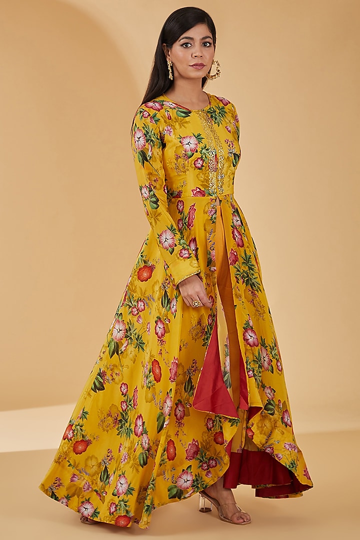 Yellow Pure Crepe Floral Digital Printed Asymmetric Anarkali Set by Peenacolada at Pernia's Pop Up Shop