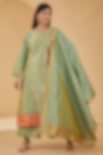 Mint Green Woven Silk Kurta Set by Peenacolada at Pernia's Pop Up Shop