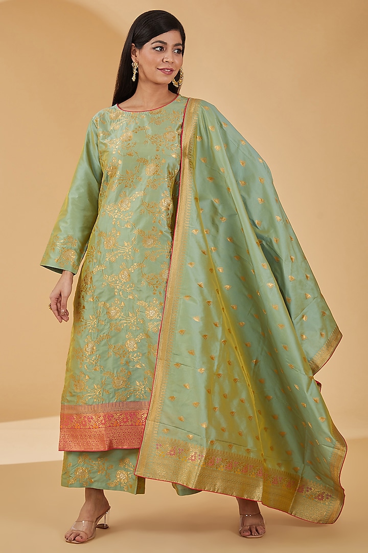 Mint Green Woven Silk Kurta Set by Peenacolada at Pernia's Pop Up Shop