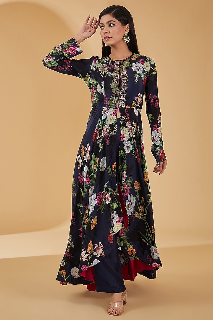 Navy Blue Pure Crepe Floral Digital Printed Asymmetric Anarkali Set by Peenacolada at Pernia's Pop Up Shop