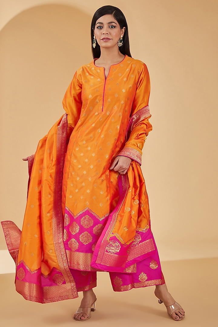 Orange Woven Silk Kurta Set by Peenacolada at Pernia's Pop Up Shop