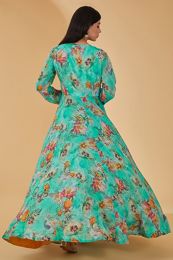 Turquoise Pure Crepe Floral Digital Printed Asymmetric Party Wear Anarkali Set by Peenacolada at Pernia's Pop Up Shop