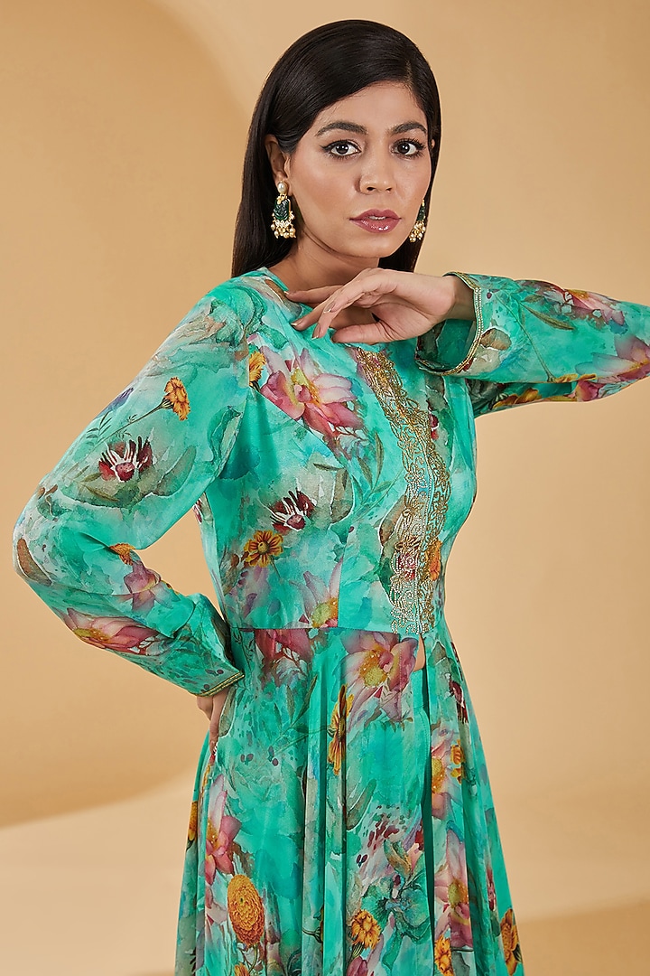 Turquoise Pure Crepe Floral Digital Printed Asymmetric Party Wear Anarkali Set by Peenacolada at Pernia's Pop Up Shop