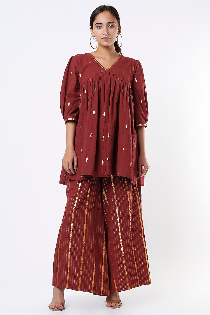 Blood Red Cotton Palazzo Pant Set by Pehnaav