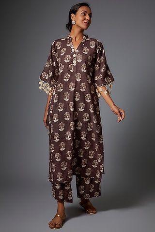 Brown Cotton Printed Kurta Set by Pehnaav