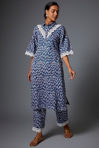 Blue Cotton Printed Kurta Set by Pehnaav