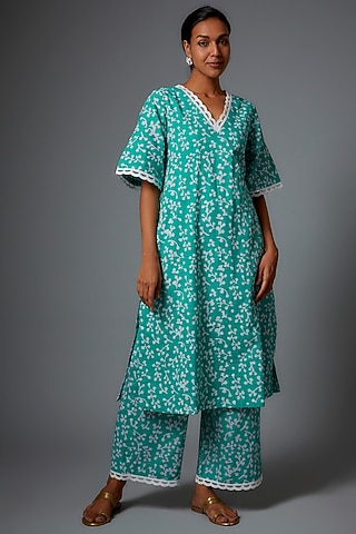 Green Cotton Printed Kurta Set by Pehnaav