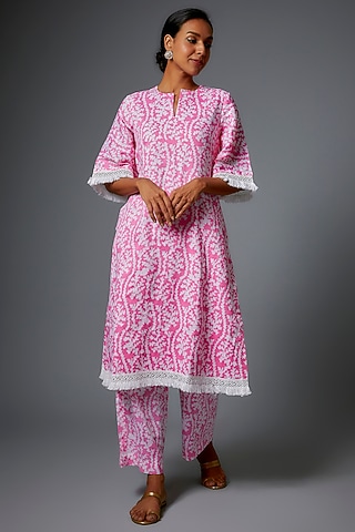 Pink Cotton Printed Kurta Set by Pehnaav