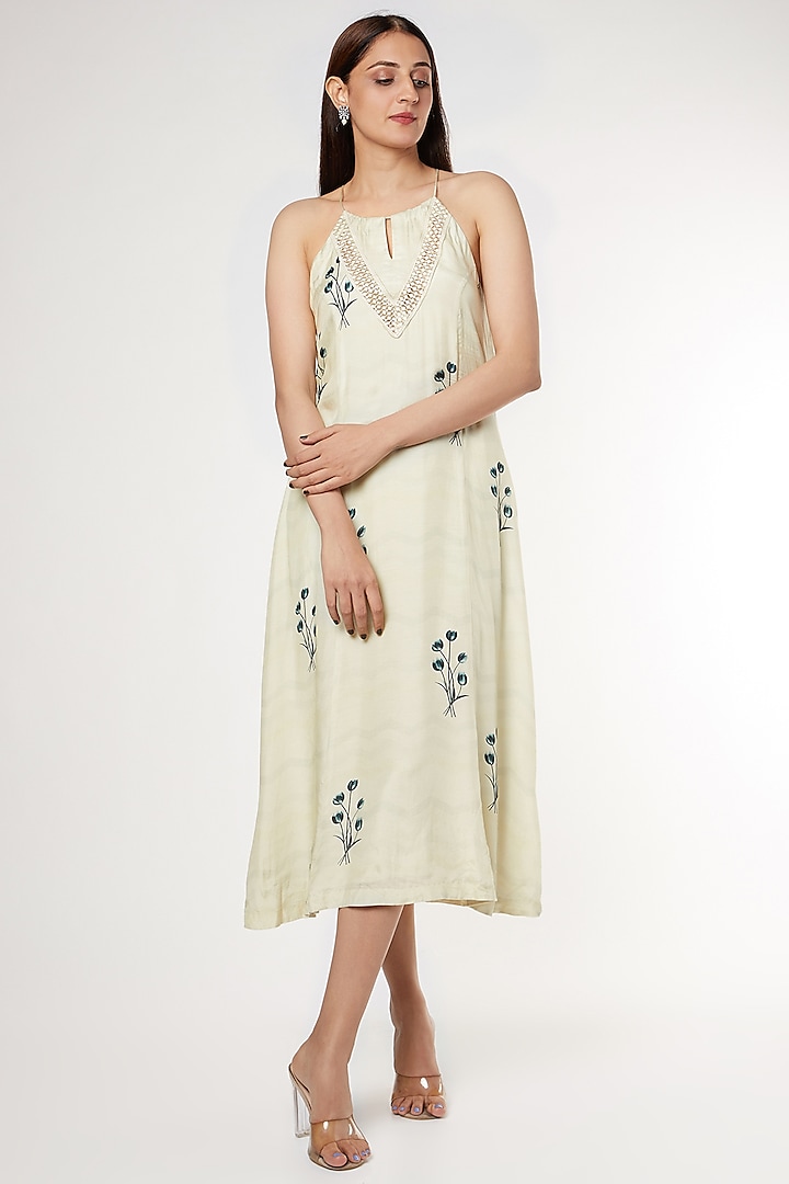 Off White Floral Printed Halter Neck Dress by Pehnaav