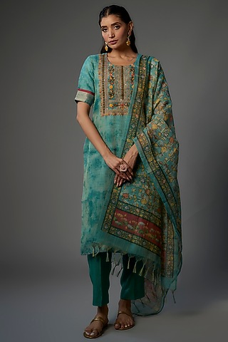 Blue Soft Chanderi Embroidered Kurta Set by Pehnaav