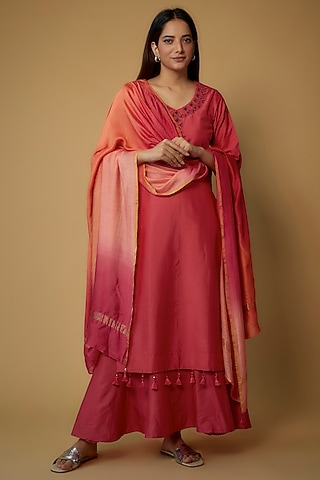 Red Cotton Silk Embroidered Kurta Set by Pehnaav