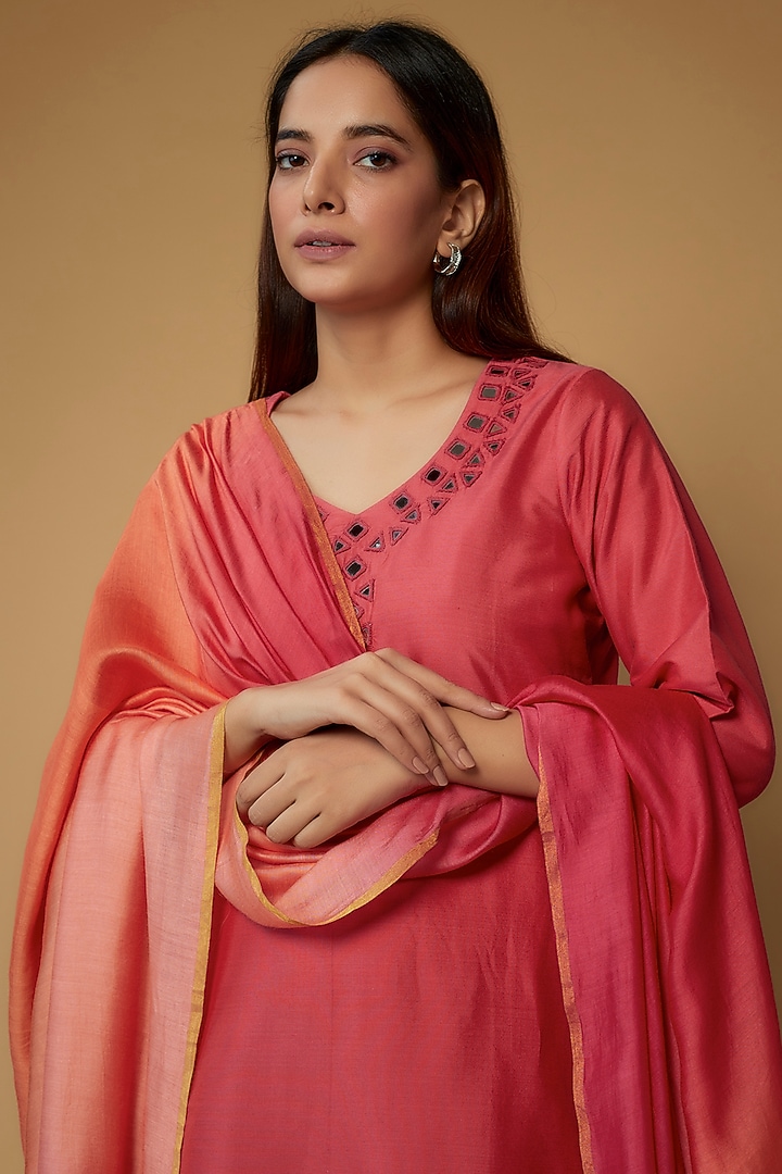 Red Cotton Silk Embroidered Kurta Set by Pehnaav at Pernia's Pop Up Shop