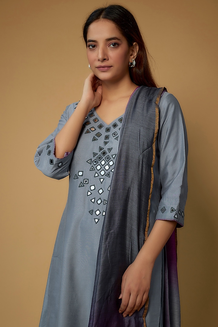Blue Cotton Silk Embroidered Kurta Set by Pehnaav at Pernia's Pop Up Shop