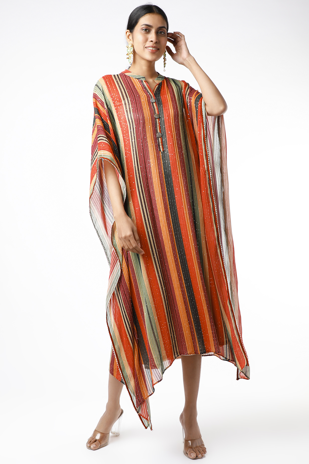 Red Sequins Georgette Kaftan With Mask by Pehnaav at Pernia's Pop Up Shop
