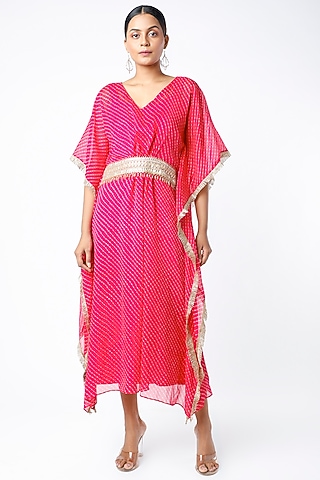 Pink Georgette Leheriya Kaftan by Pehnaav