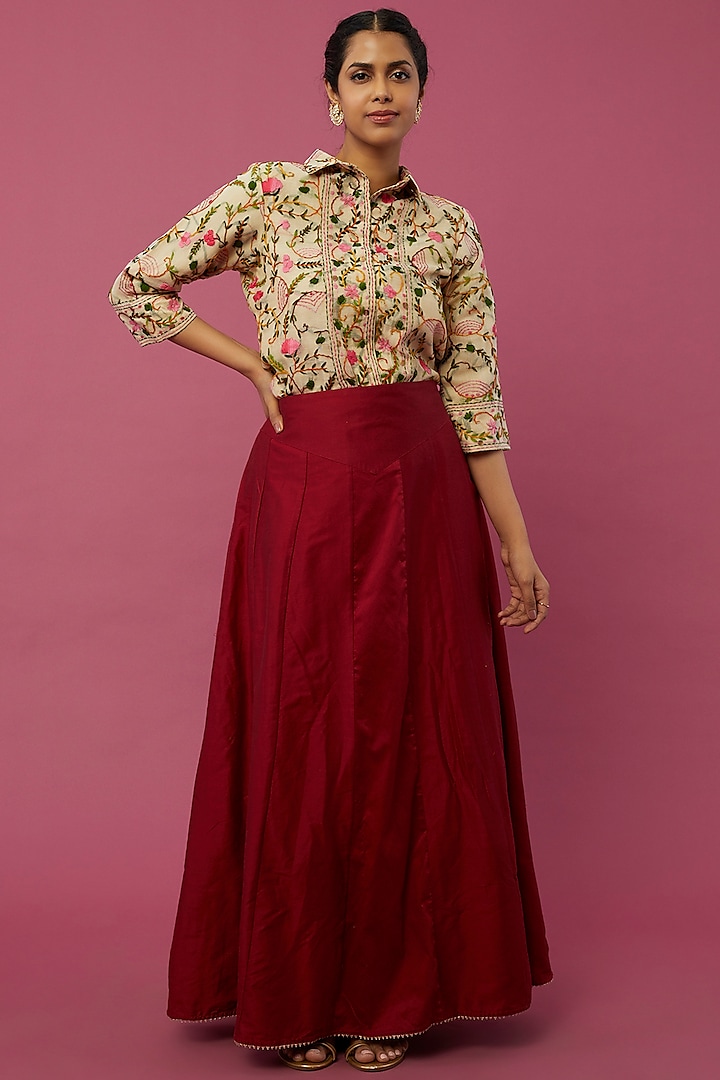 Maroon Cotton Silk Skirt Set by Pehnaav