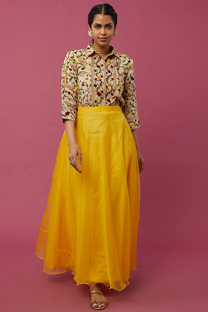 Yellow Organza Skirt Set by Pehnaav