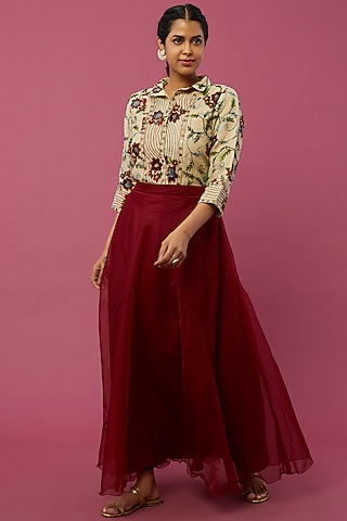 Maroon Organza Skirt Set by Pehnaav