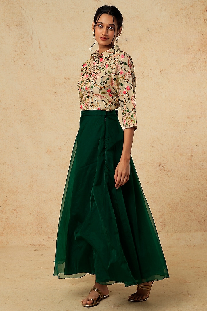 Emerald Green Organza Skirt Set by Pehnaav