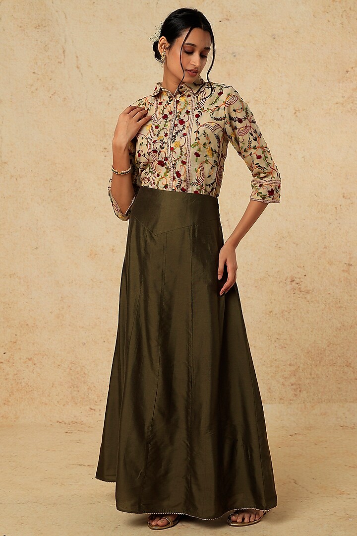 Green Cotton Silk Skirt Set by Pehnaav