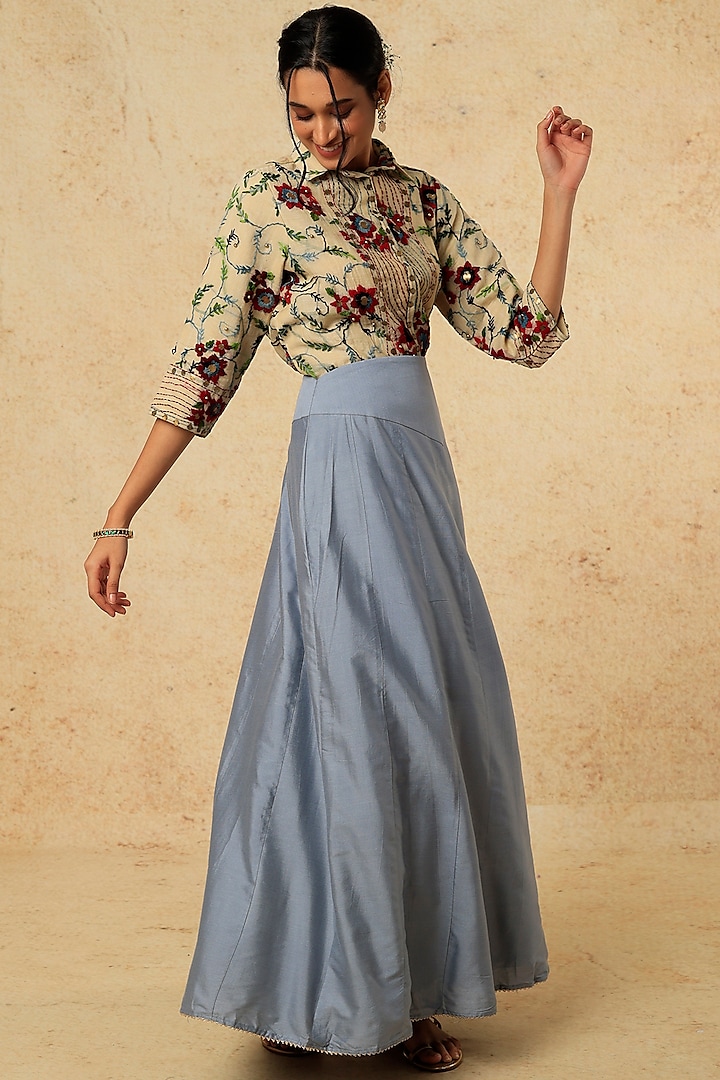 Cobalt Blue Cotton Silk Skirt Set by Pehnaav